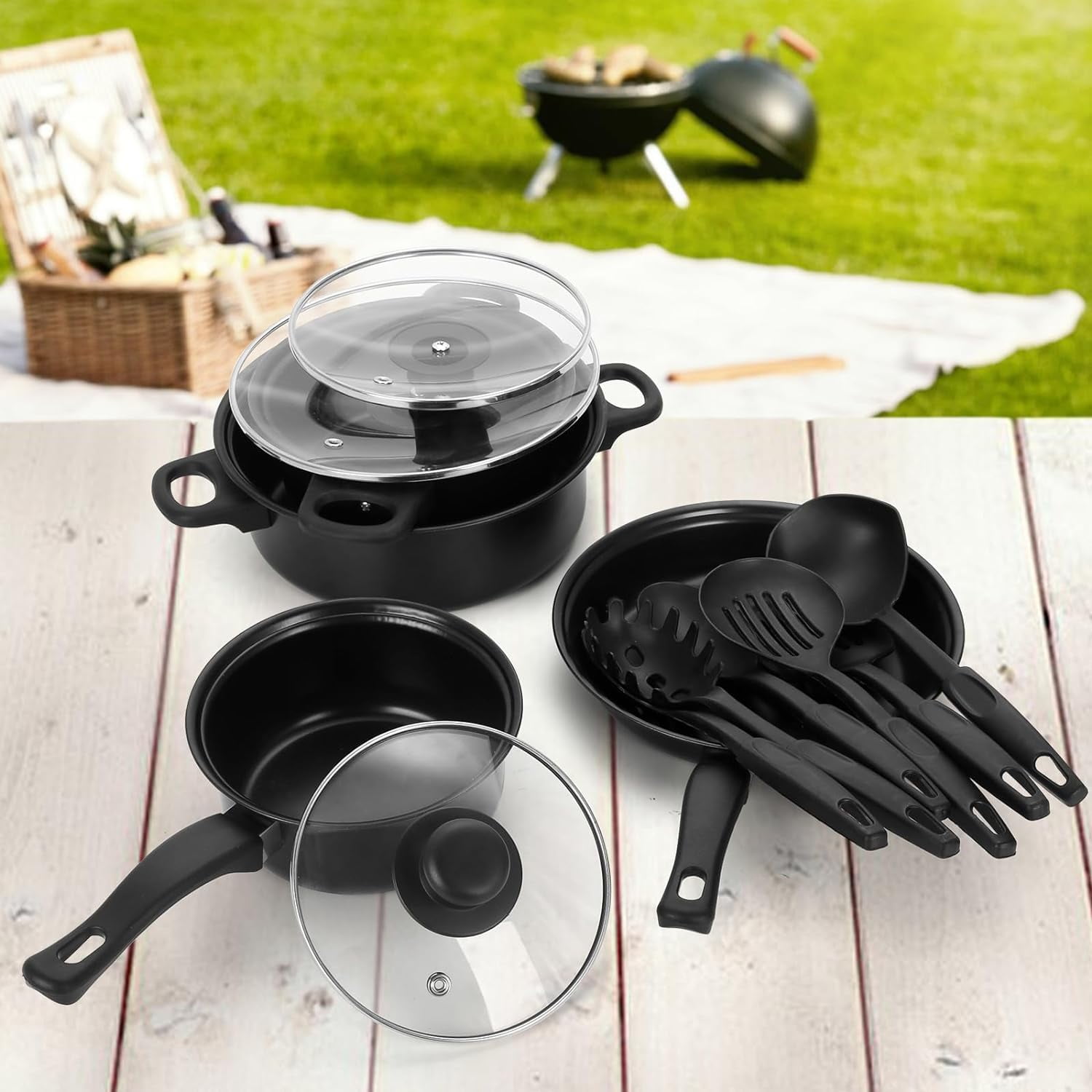 Unbranded Non-Stick Cookware Set, Small Portable Cast Iron Pots and Pans with Glass Lids and Nylon Utensils for Outdoor Cooking - 13 Piece Set, Black