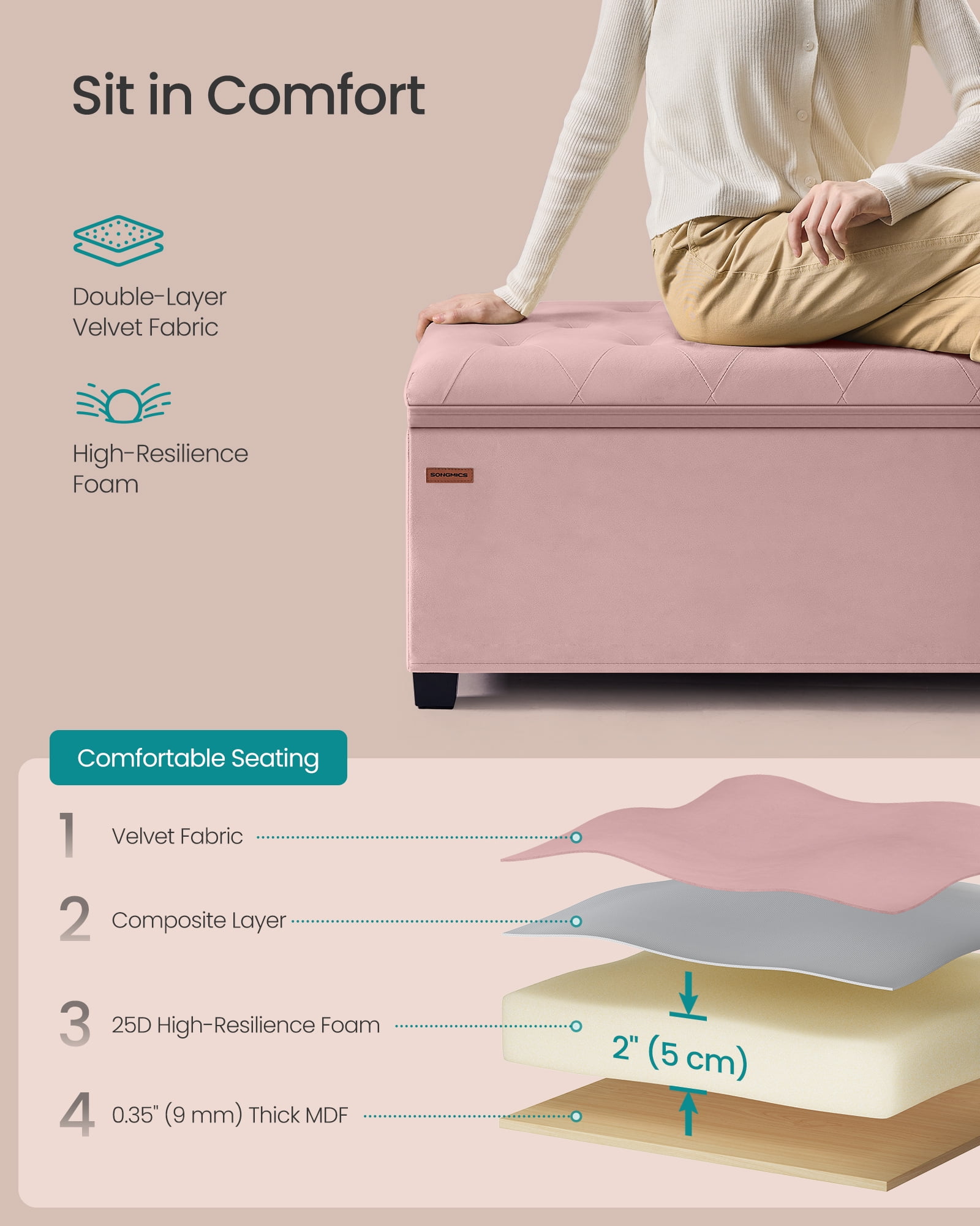 SONGMICS 43" Storage Ottoman Bench End of Bed Bench Pink Ottoman with Storage Load up to 660 lb for Living Room Bedroom