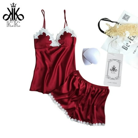 

Pinkracy Satin Pajamas for Women – Elegant Lingerie Sleepwear - Sexy Lingerie Satin Pajamas - Cami Shorts Set Nightwear - Babydoll