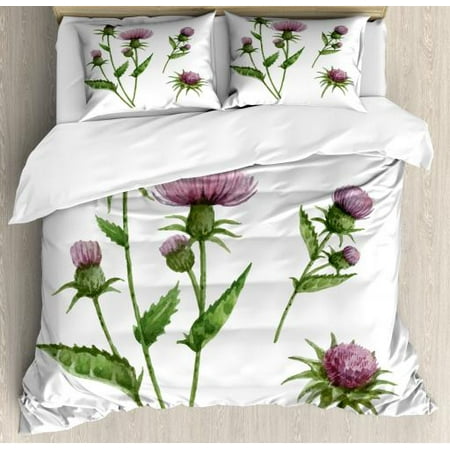 - Thistle King Size Duvet Cover Set, Healing Herbs for Aromatherapy Concept Watercolor Thistle Flower, Decorative 3 Piece Bedding Set with 2 Pillow Shams, Mauve Taupe Fern Green White, by Ambesonne