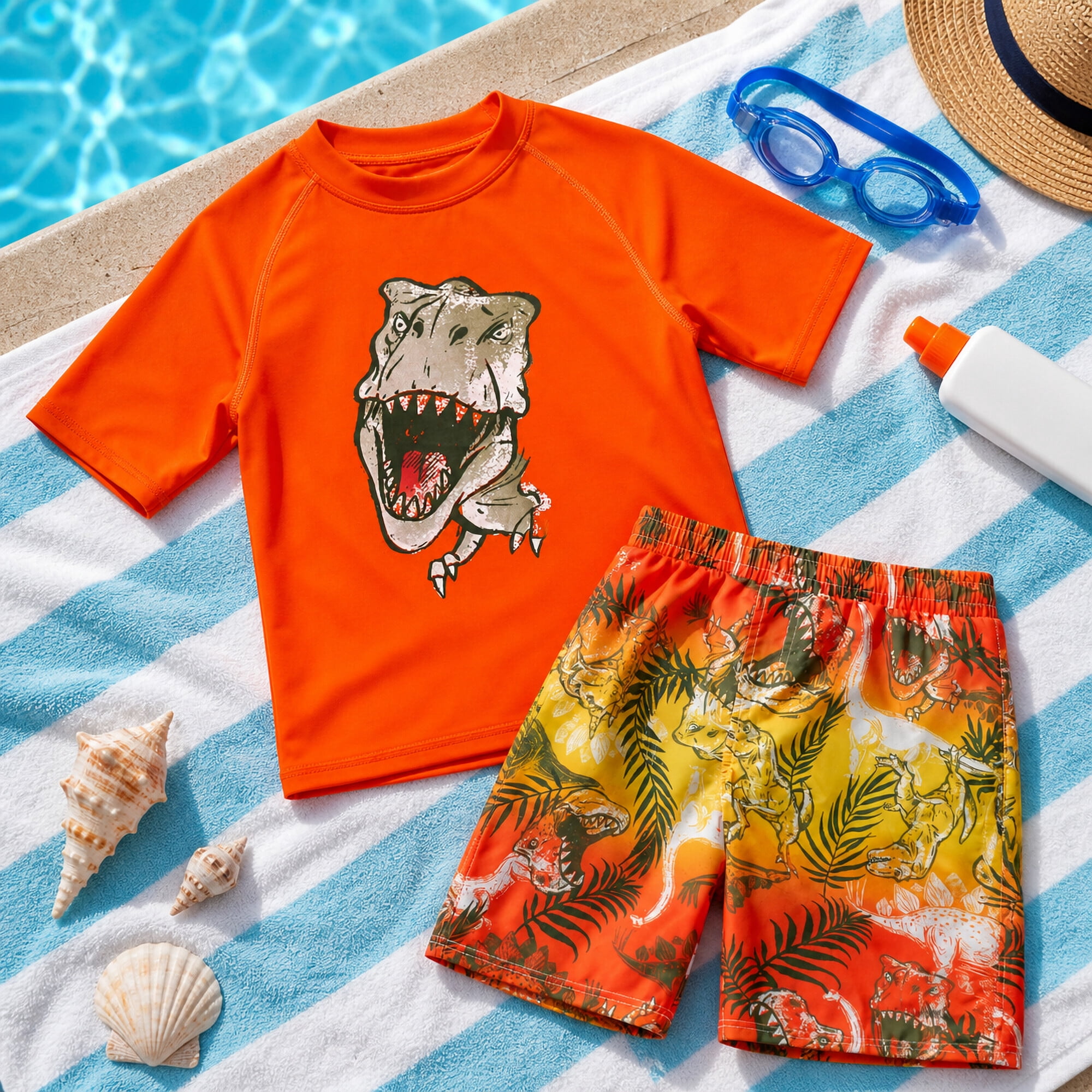 Big Chill Boys Swim Set - UPF50+ Short Sleeve Rash Guard Swim Shirt and Swim Trunks 2 Piece Set