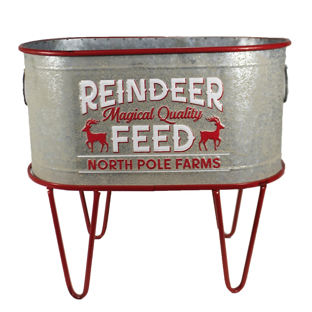 Christmas Red Oval Reindeer Feed Bucket Metal Decorate Decor Planter