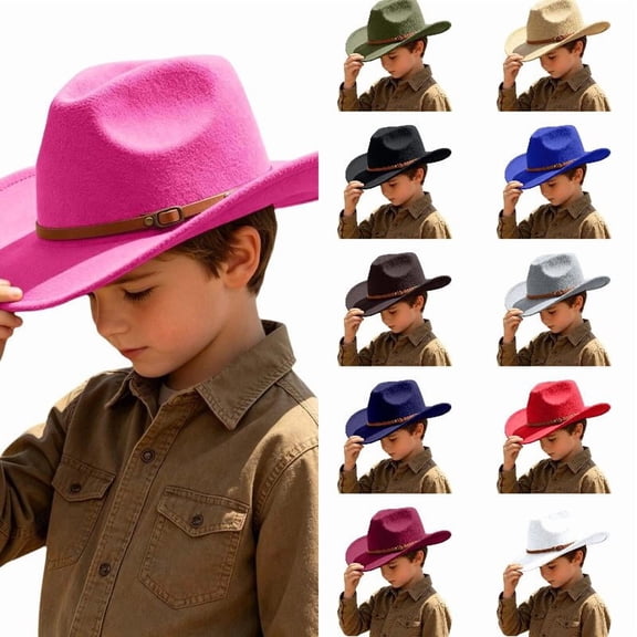 Wdgfv Kids Cowboy Hat for Girls Boys Western Cowgirl Hat with Buckle Belt Unisex Wide Brim Fedora Hat Dress Up Costume 6-12 Years