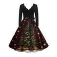 thumbnail image 5 of Christmas Dresses for Women Women's Fashion Round Casual Slim Fit Christmas Print Large Swing Long Sleeve Dress with V Neck for Holiday Party,Deep Red,M, 5 of 6
