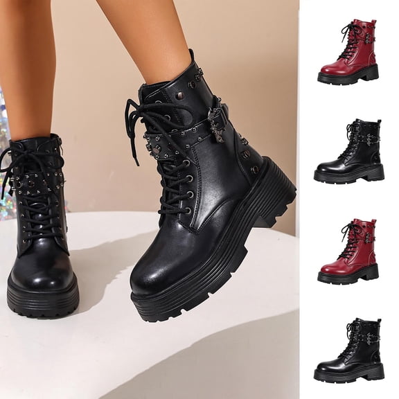 Women Platform Combat Boots, Lace‑Up Ankle Booties with Metal Buckle Strap, Chunky Lug Sole Short Boots