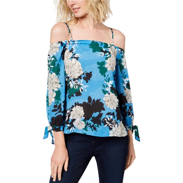 INC Blusa floral con hombros descubiertos para mujer, azul, mediana