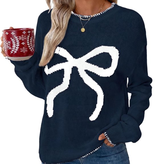 Women's Christmas Sweater Bow Printed Long Sleeve Crewneck Cable Knit Pullover Tops Navy L