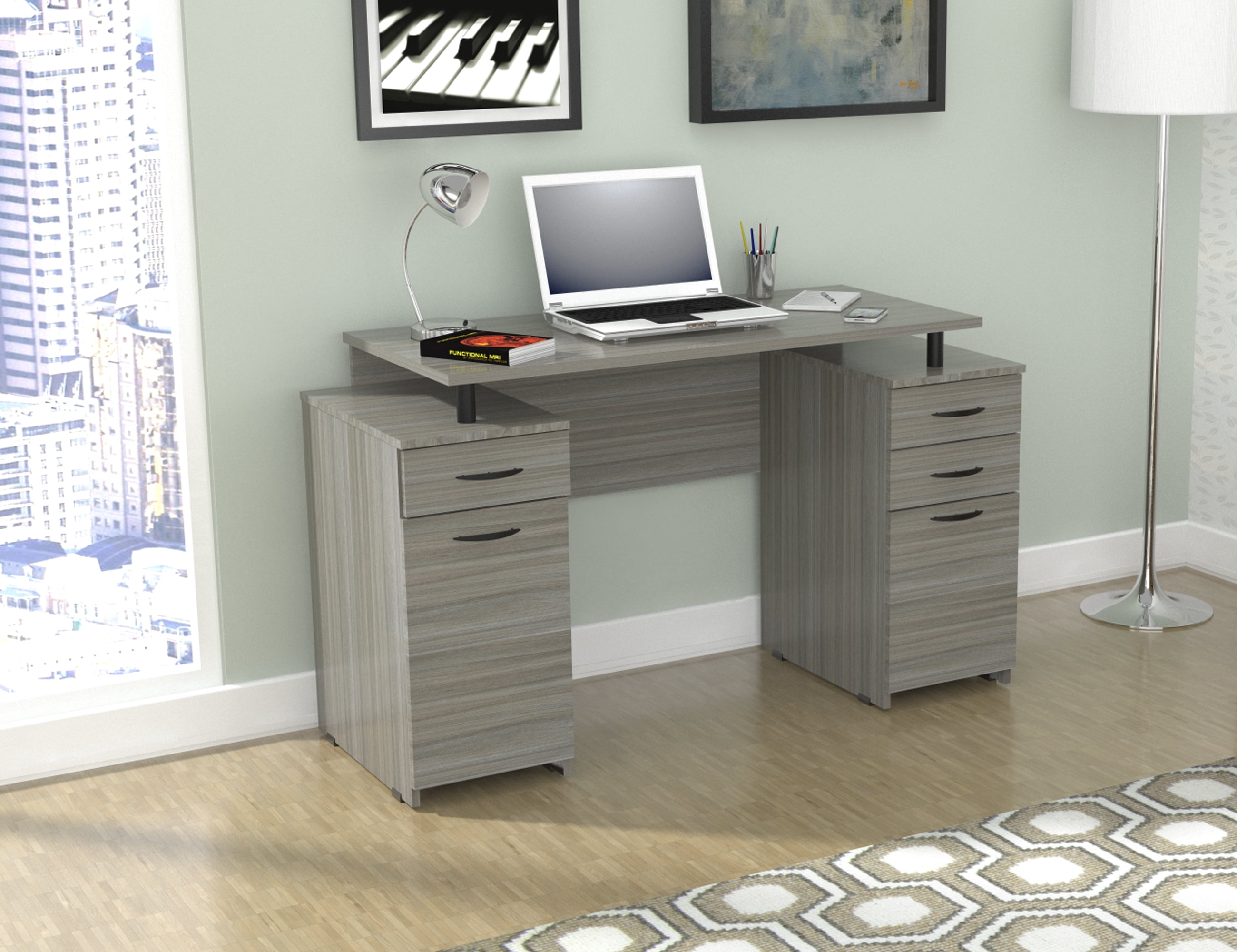 Inval 4Drawer Wood Writing Desk with File Storage in Smoke Oak