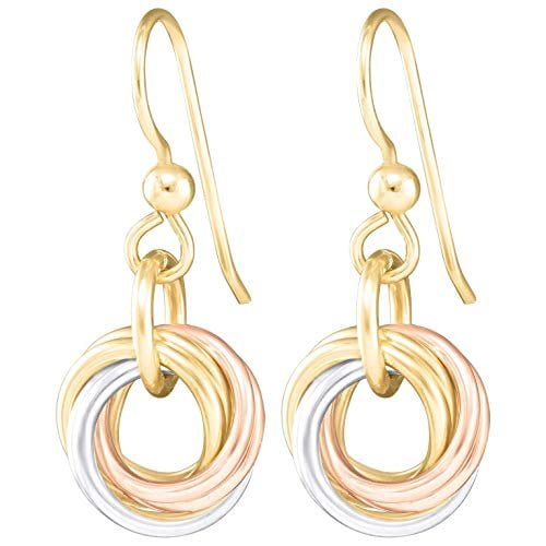 Dainty Tricolor Love Knot Dangle Earrings with 925 Sterling Silver and 14K Yellow and Rose Gold-Filled Circles Unique Three Tone Minimalist Jewelry Gift Idea for Women French Wire