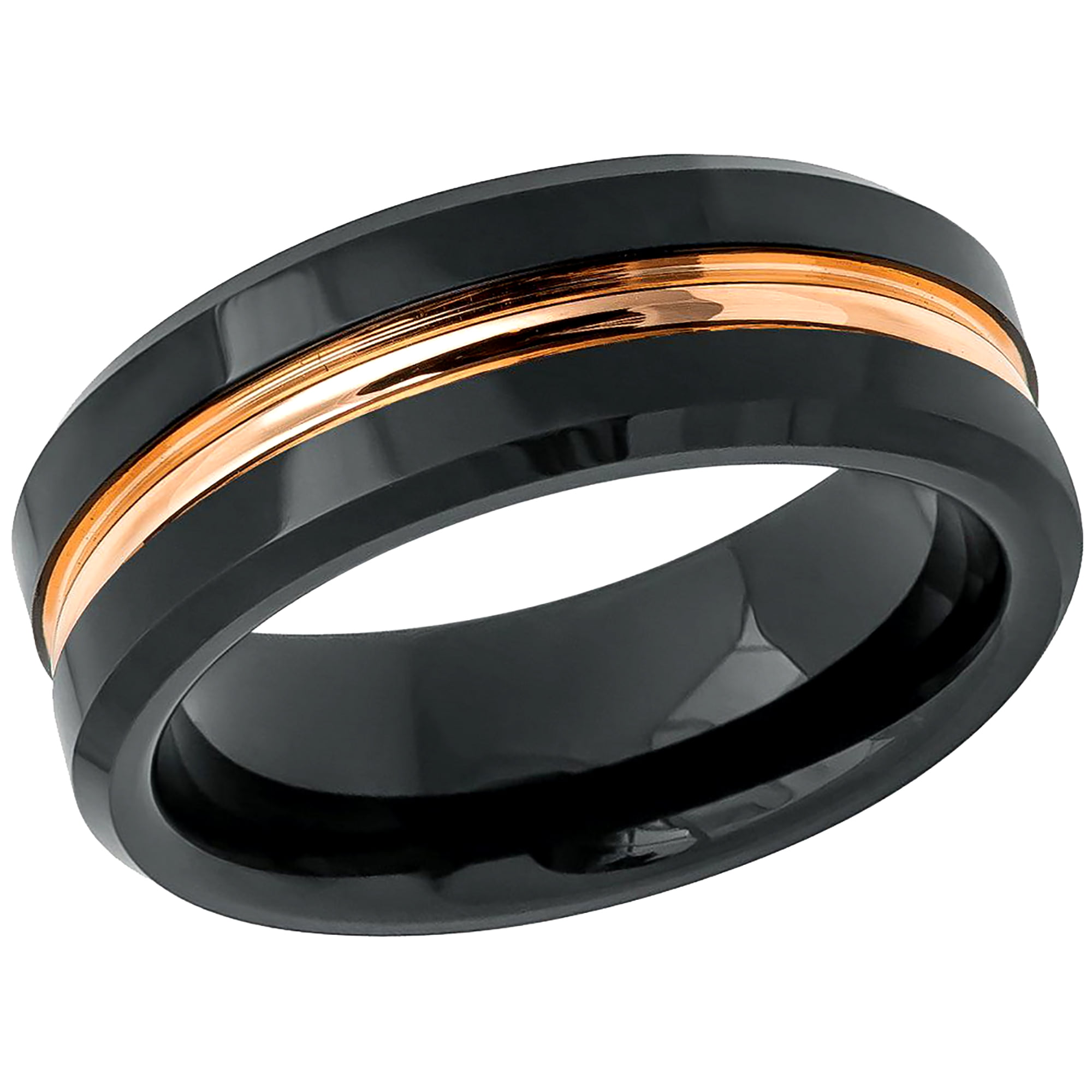 8mm Tungsten Ring two-tone Black IP Plated w/ Steel Grooved Center Beveled Edge 