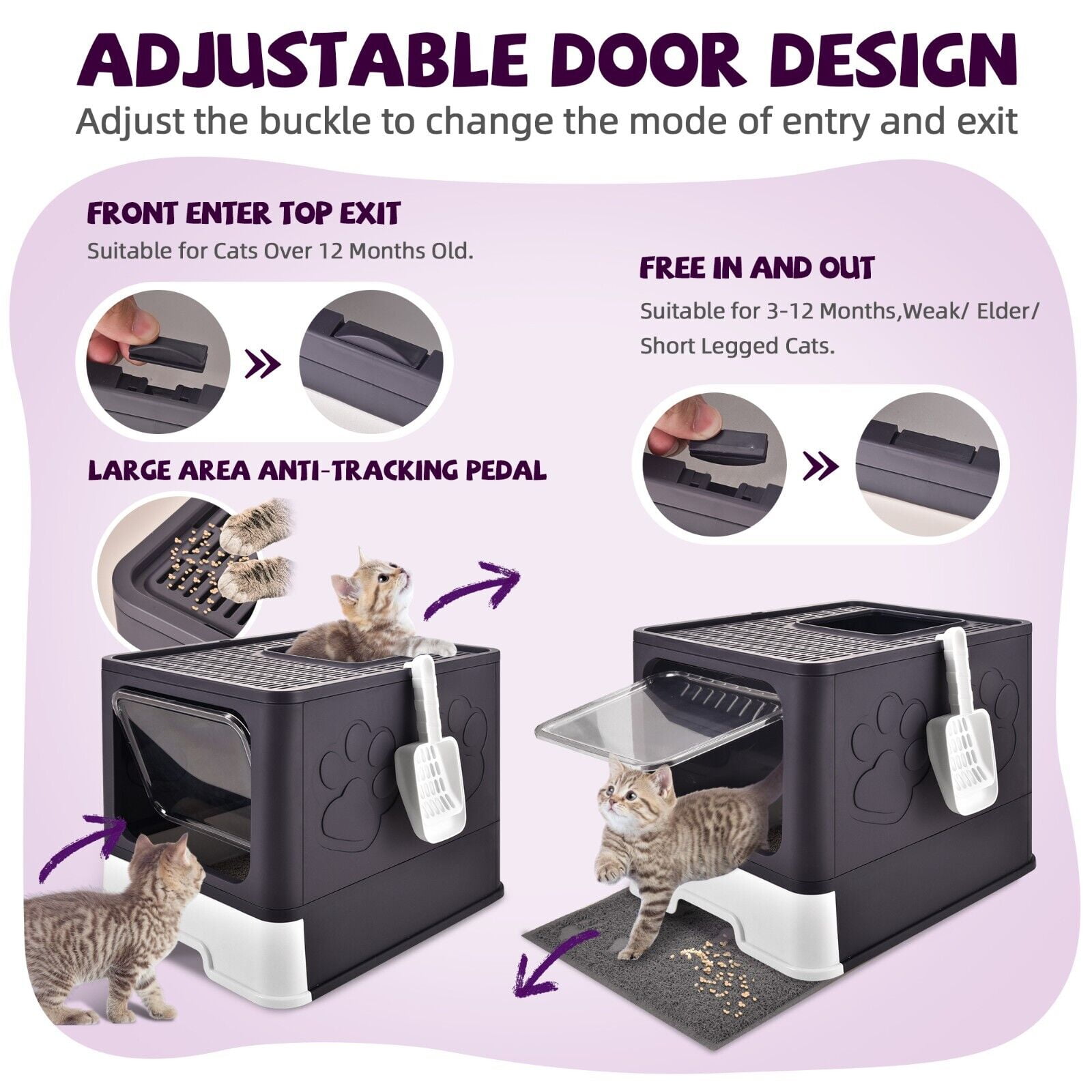 Cat Litter Box with Litter Mat and Scoop, Large Foldable Litter Box with Lids, Free in& Out Covered Kitty Litter Box, Odor Control Enclosed Litter Box, Anti- Splashing Easy Clean,Dark Purple