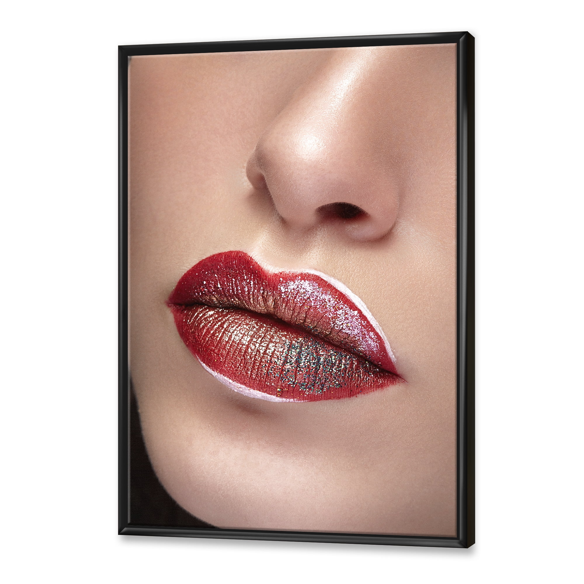 Designart 'Close Up Lips With Professional Lipstick and Make Up' Modern Framed Canvas Wall Art Print