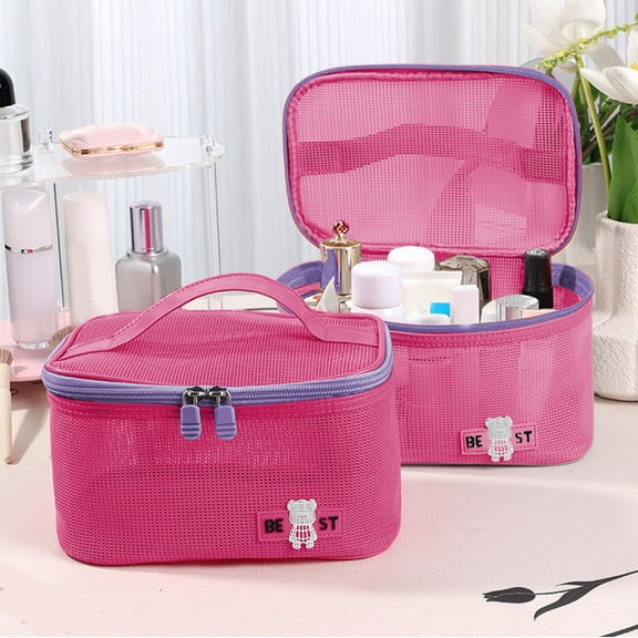 Travel Makeup Bag Large Capacity Open Top Cosmetic Organizer Breathable Mesh Design Ladies Beauty Case Toiletry Bag Portable Water Resistant Nylon Material