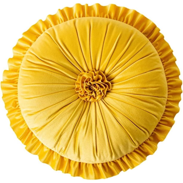 Xiao Hua Cojín redondo con volantes, cojín de terciopelo plisado con diseño de calabaza, cojín decorativo floral 3D para sofá, dormitorio, oficina, coche (amarillo, diámetro 35,5 cm)