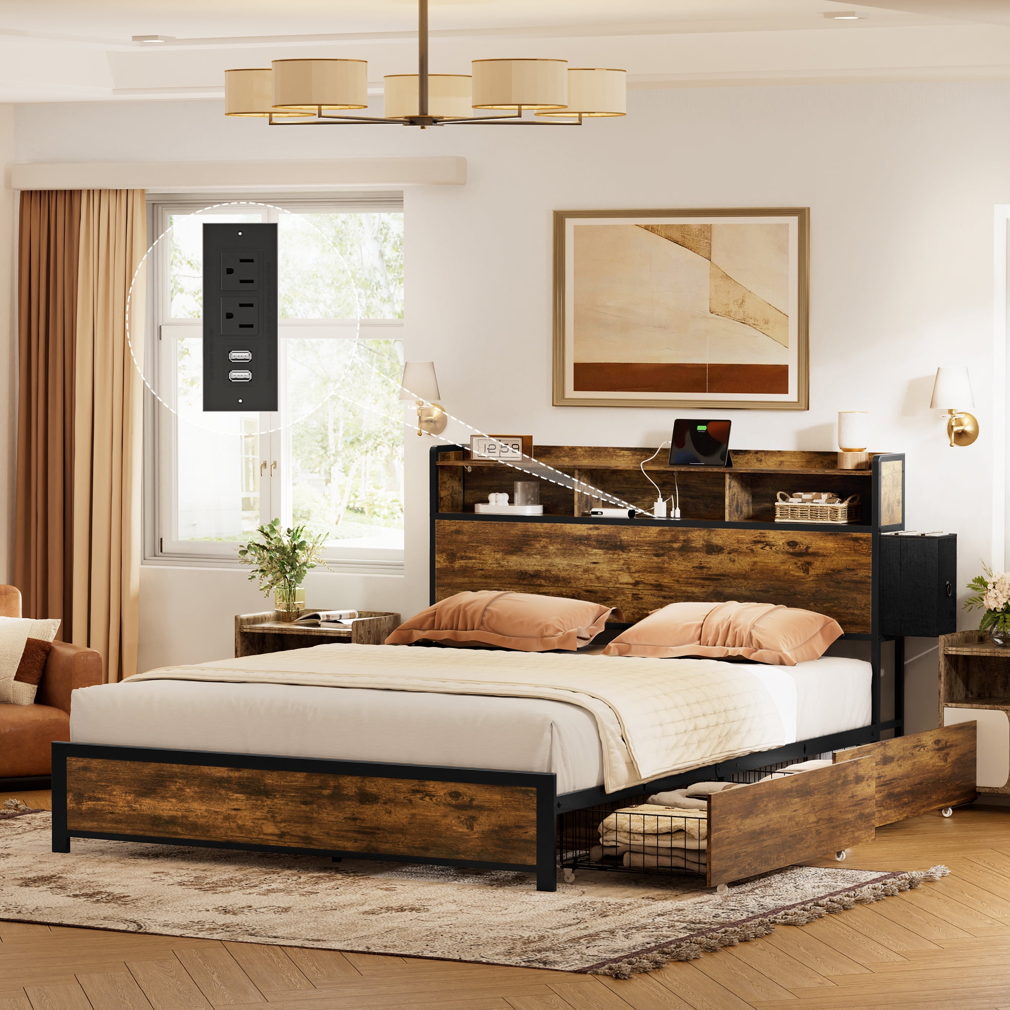 GUNAITO Queen Bed Frame with Storage Headboard 2 Drawers Platform LED Bed Frame with USB Ports Outlets Rustic Brown