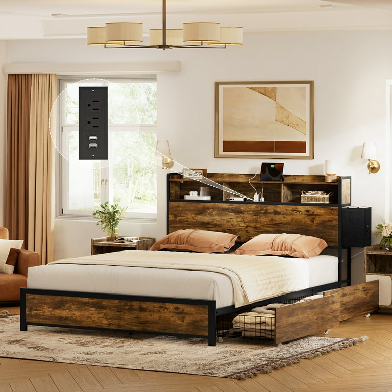 Gunaito Queen Bed Frame with Storage Headboard 2 Drawers Platform LED Bed Frame with USB Ports Outlets Rustic Brown