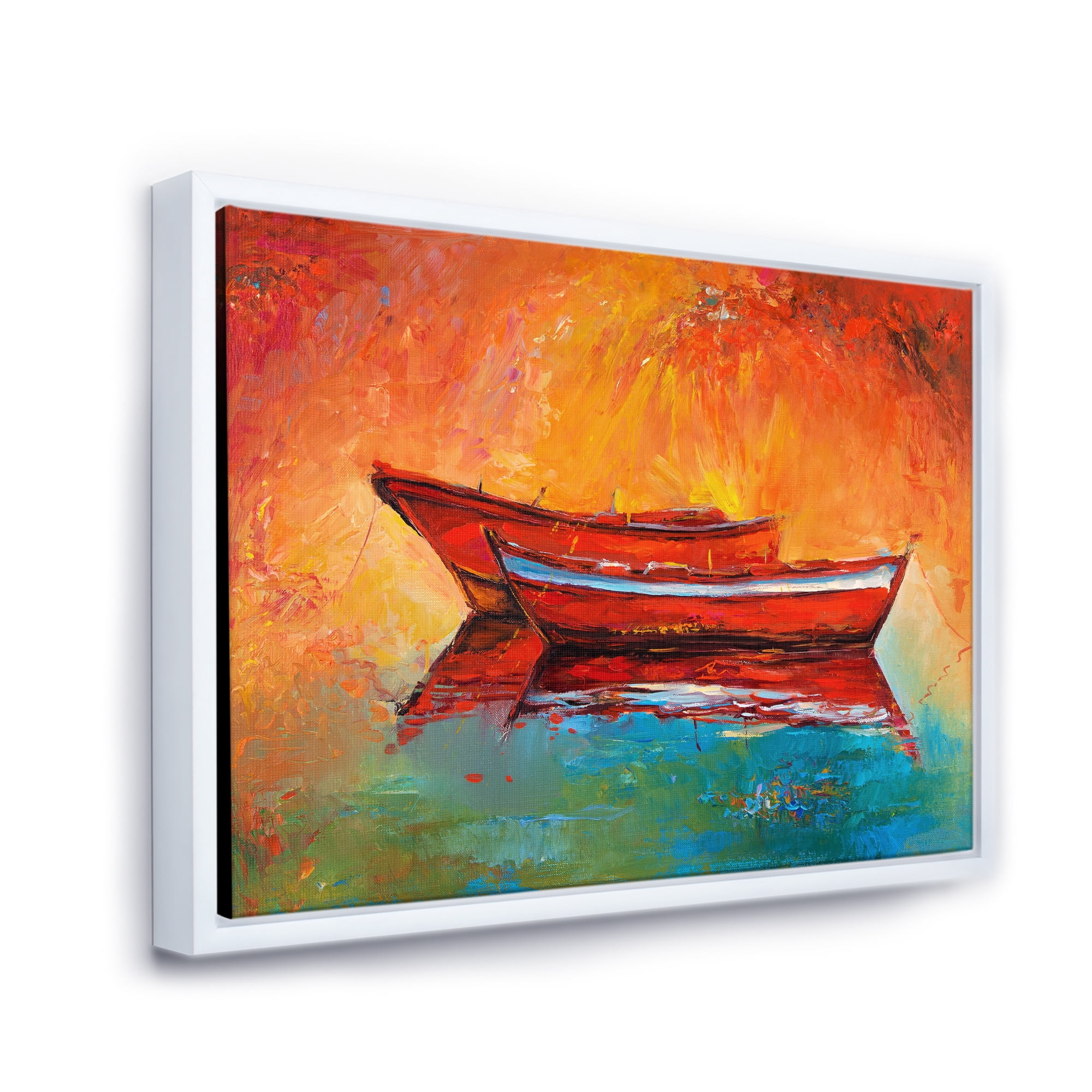 Two Red Boats During Sunset In Lake 20 in x 12 in Framed Painting Canvas Art Print, by Designart