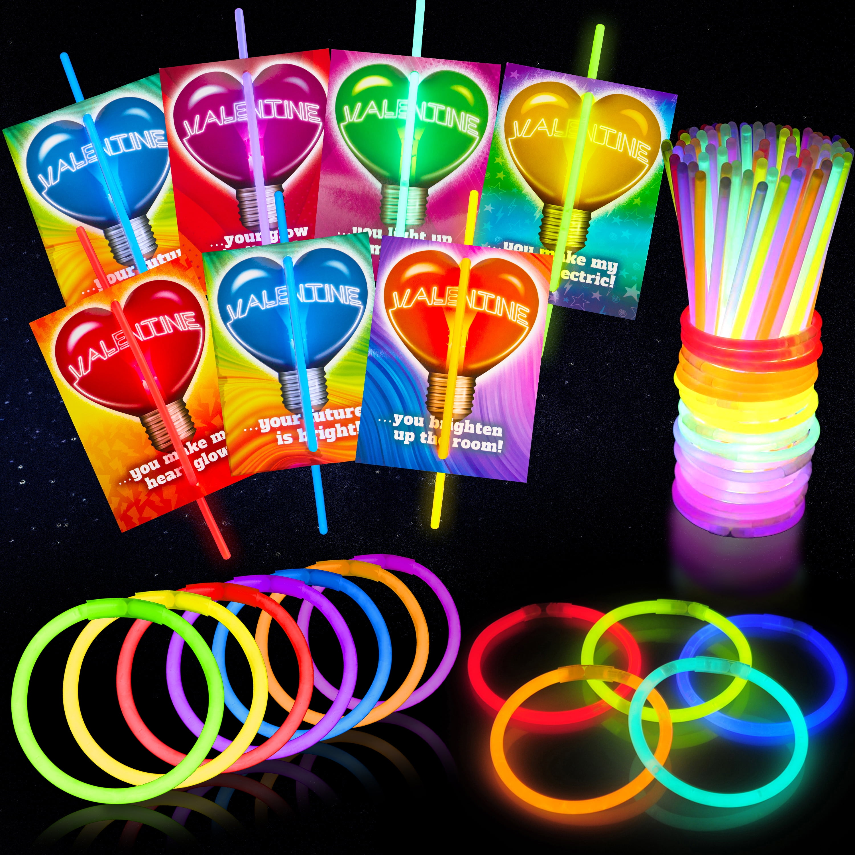Joyfy 36 Packs Glow Sticks Bracelet with Neon Valentines Day Gift Cards Valentine Exchange Cards for Kids Class Valentines Party Favors