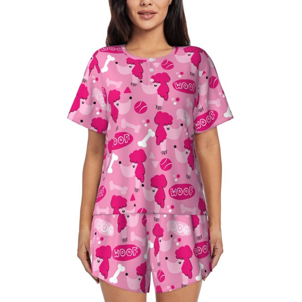 Fotbe Poodle Dog Conjunto de Pijama Estampado para Mujer, 2 Piezas, Ropa de Dormir con Camiseta de Manga Corta y Shorts Suaves-Small