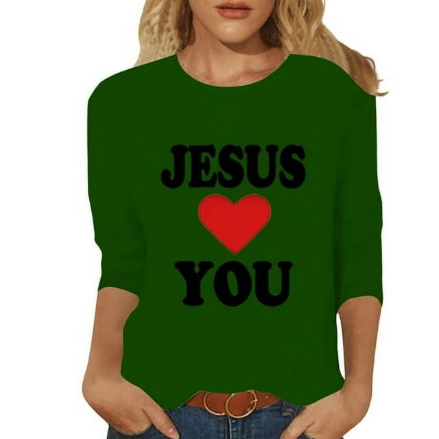 PMUYBHF Débardeur long Vert pour Femmes 4 Juillet 2024 Mode Décontractée Col Rond Manches Mi-Longues Printemps Confortable Thème de Pâques Imprimé T-Shirt Haut 11