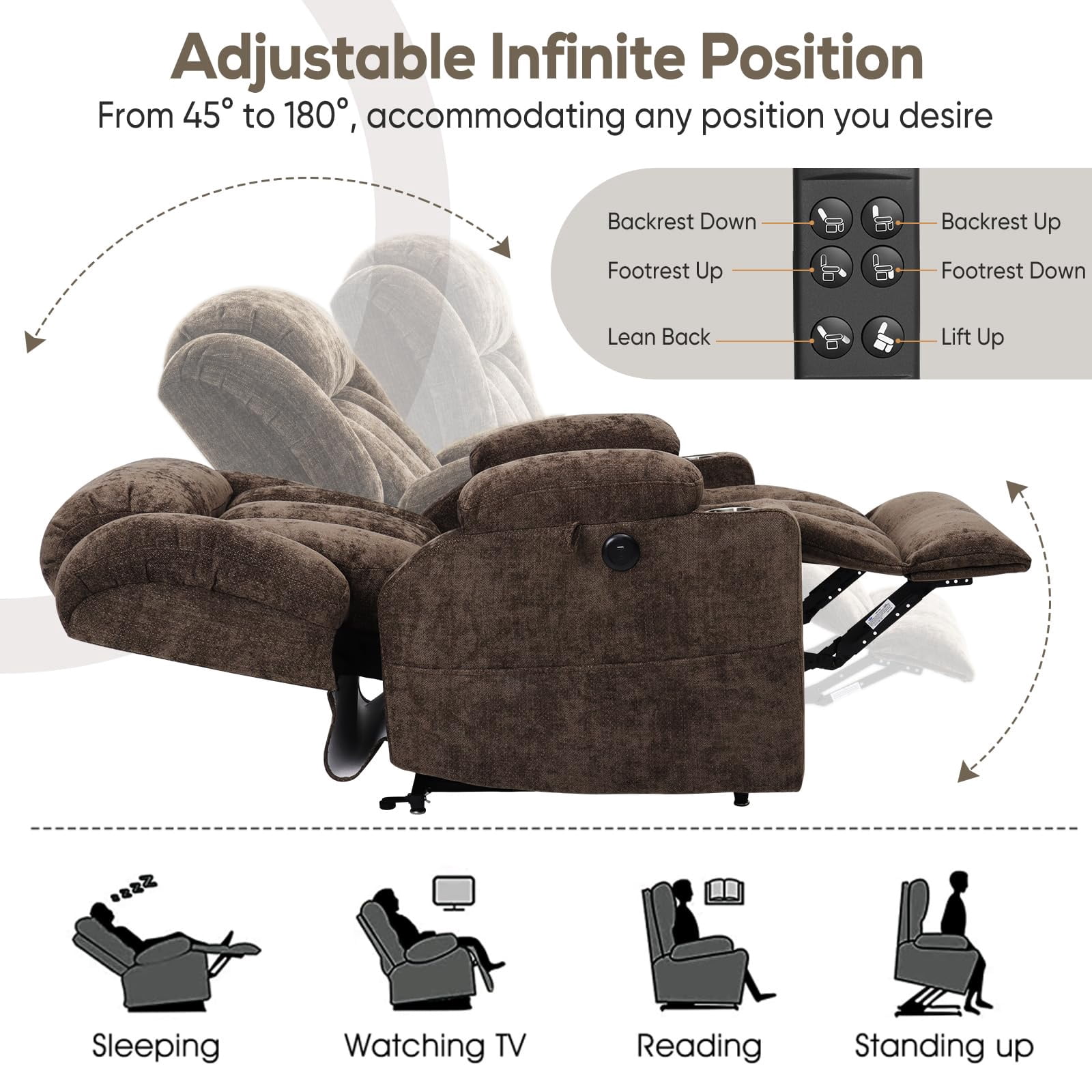 WACASA Lay Flat Recliner Chair with Heat and Massage, Dual Motor Lift Chairs for Elderly with Cup Holder, USB Ports, Oversized Power Recliners for Adults-Brown