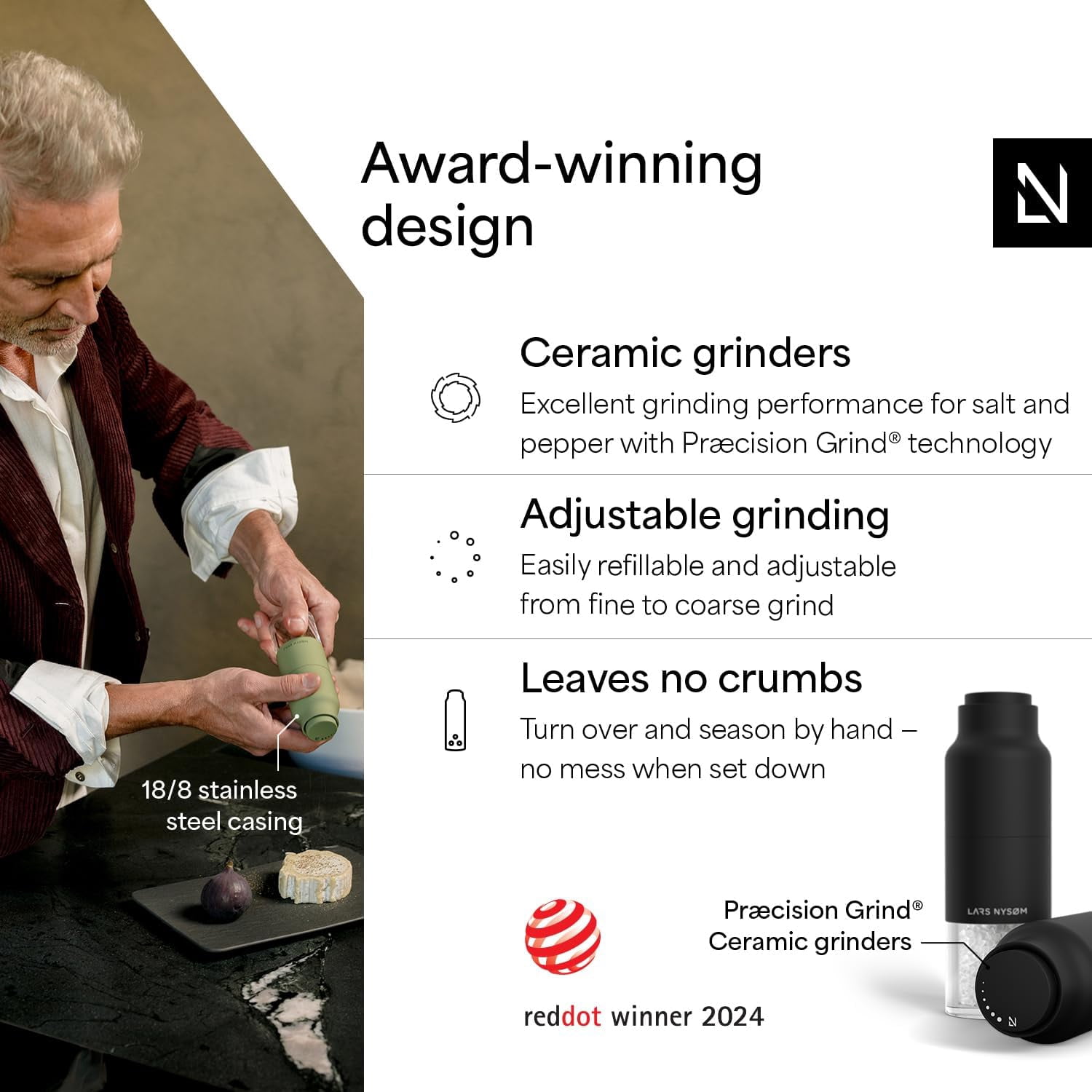 Salt and Pepper Grinder Set, Stainless Steel Manual Salt and Pepper Mills, Adjustable Ceramic Grinder, Design Spice Shakers (Carbon Black)