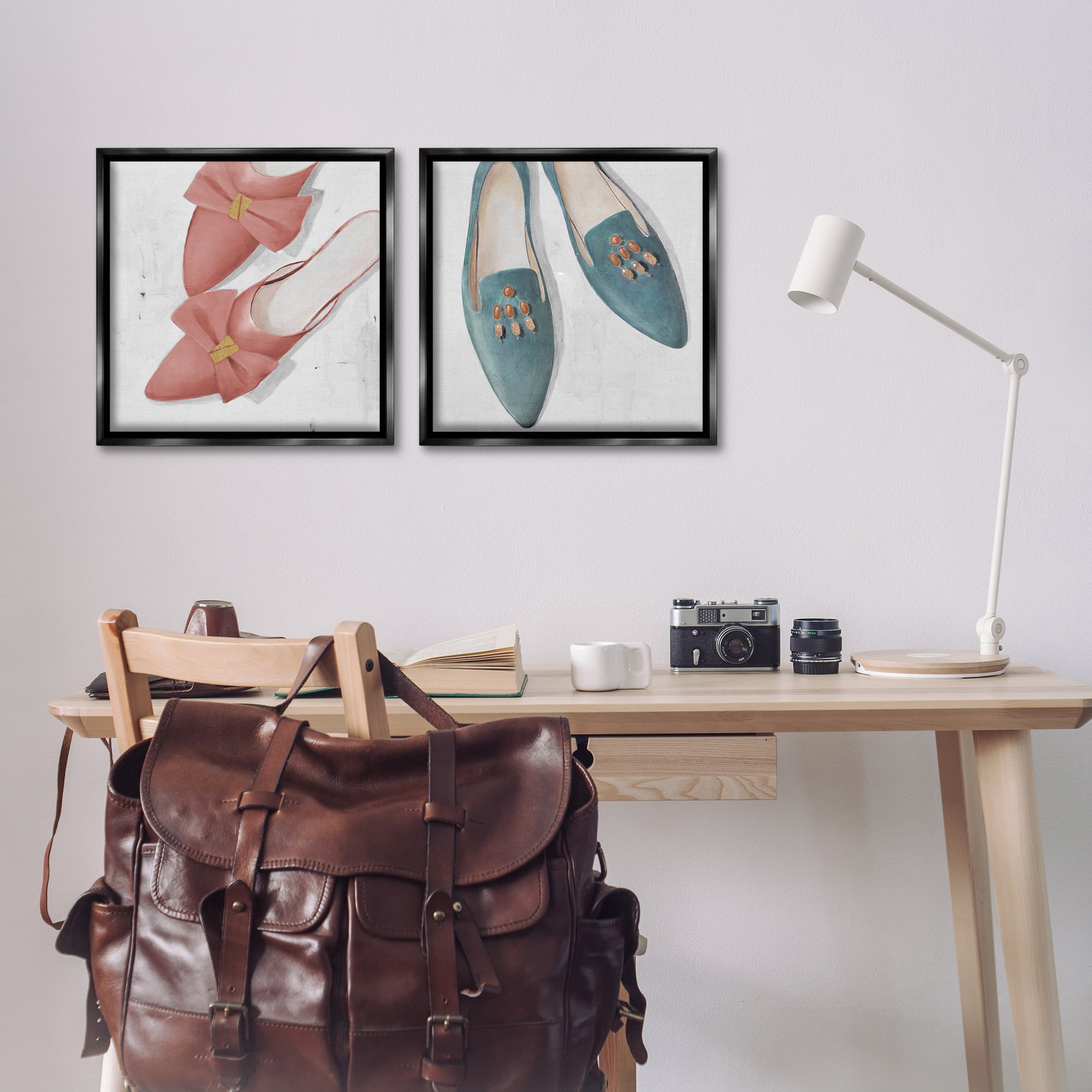 Stupell Industries Pink & Blue Fashion Flats Fashion Painting Black Floater Framed Canvas Art Print Wall Art, 18 x 18, Set of 2