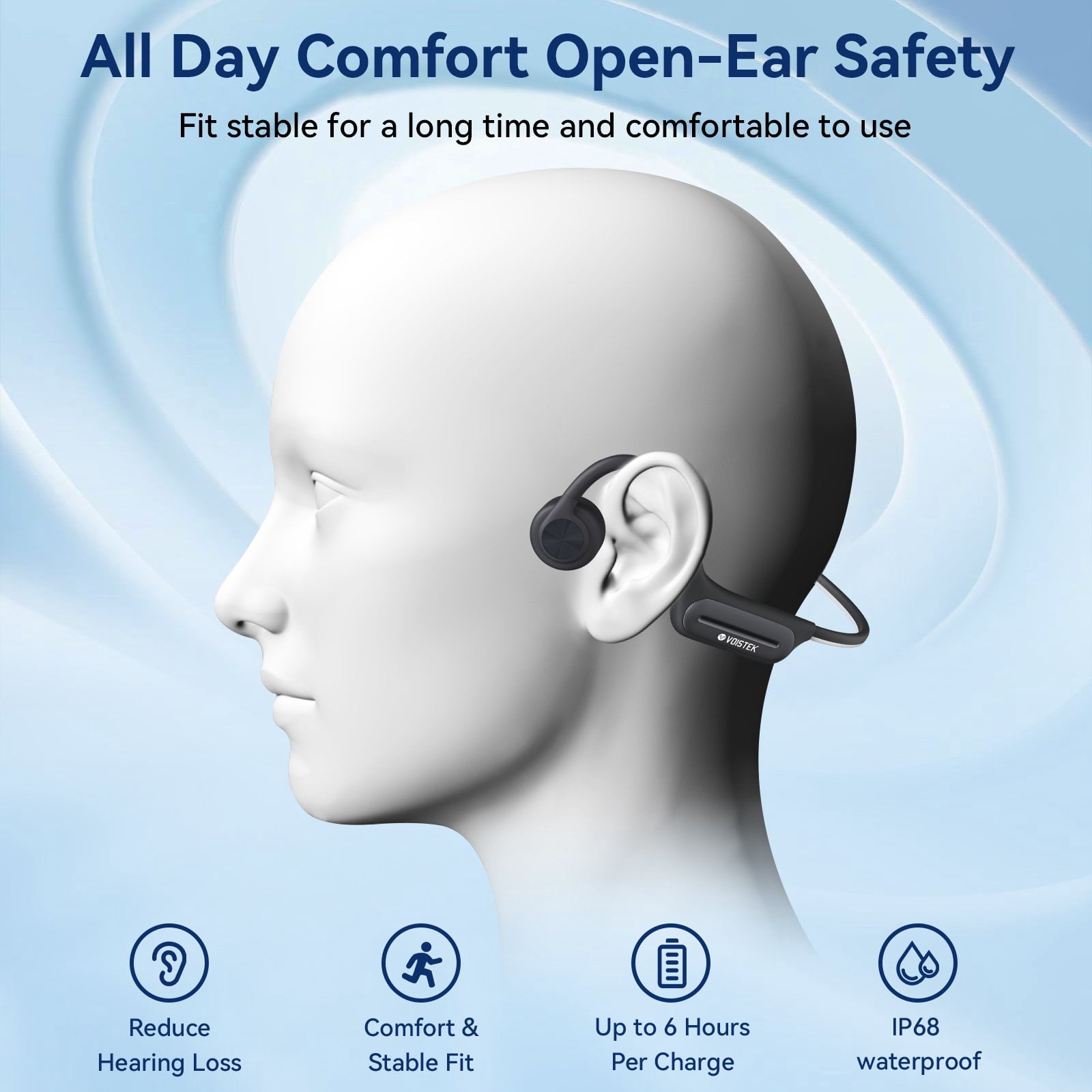 Voistek Wireless Bone Conduction Headphones, Open-Ear, IP68 Waterproof, Bluetooth 5.3, Built-in 32GB MP3, Grey