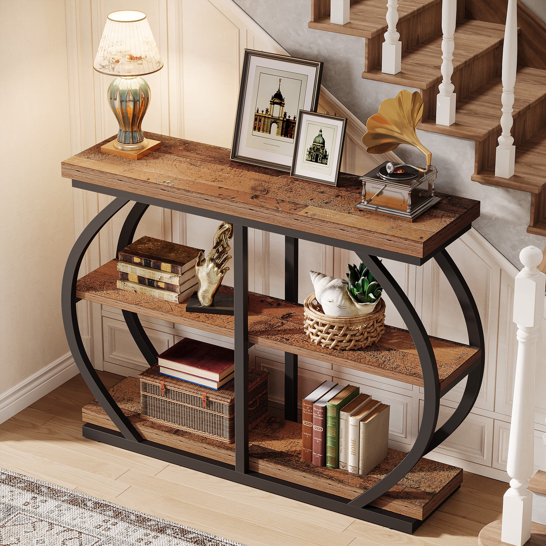 Tribesigns 41.3" Industrial Console Table: 3-Tier, Arched Metal Frame, Entryway Table with Storage Shelves, Mix Brown & Black