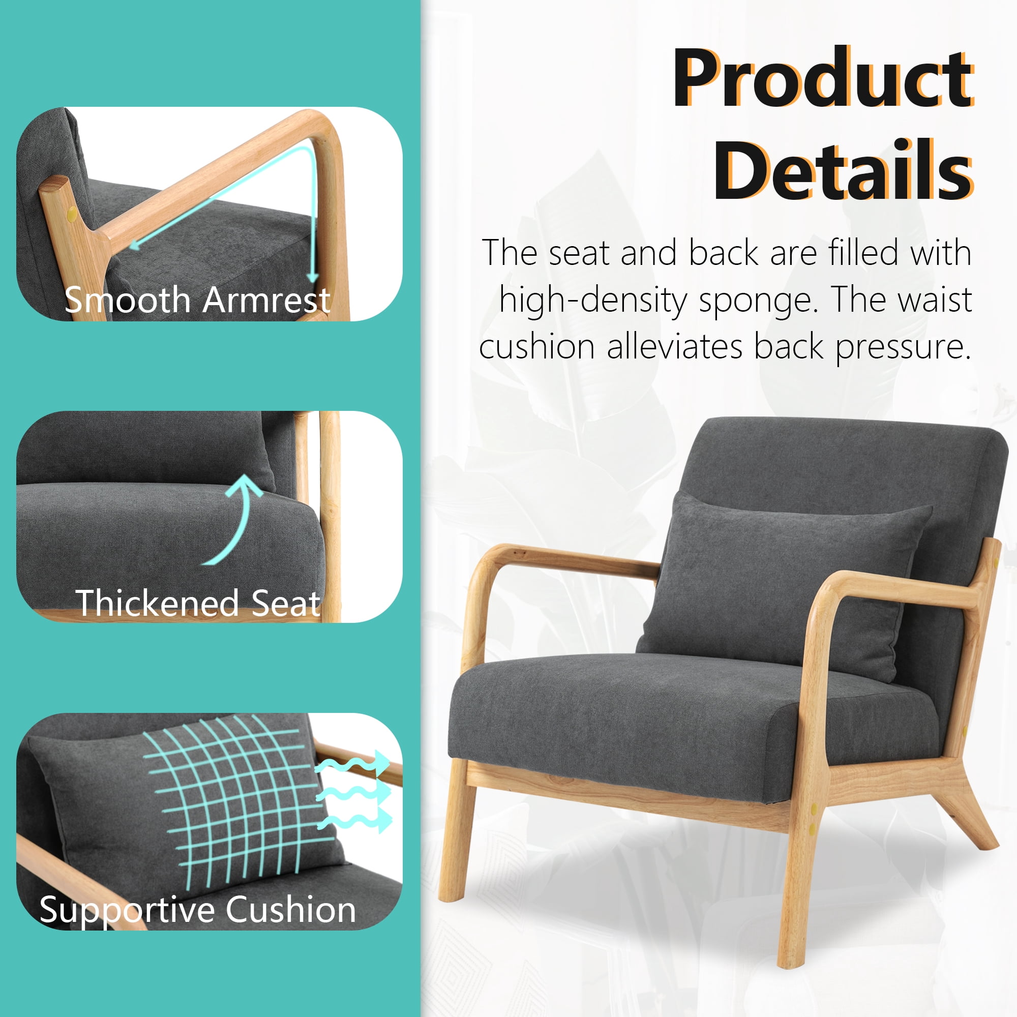 Miniyam Mid Century Modern Accent Chair with Wood Frame, Upholstered Living Room Chairs with Waist Cushion, Reading Armchair,Gray