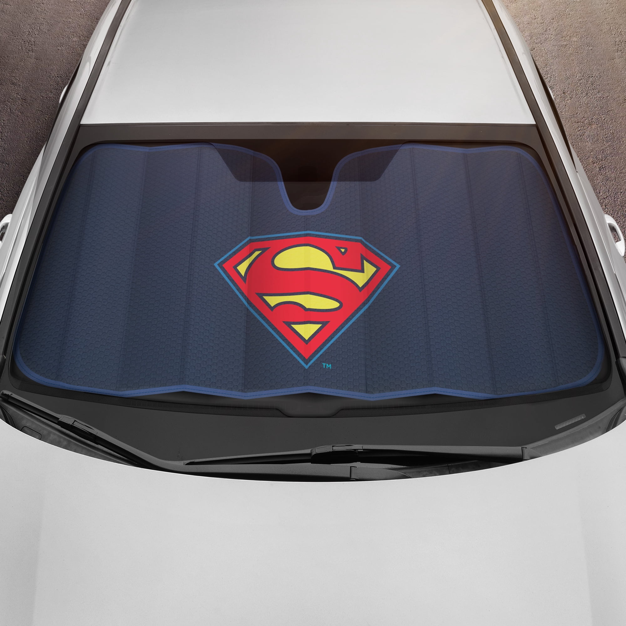 Superman Car Windshield Sun Shade Foldable Accordion, DC Comics Superhero Front Window Shade, Universal Fit 58 x 27 Inch, Keeps Vehicle Cool, Protects Interior, Fun Fan Gift Accessory Blue