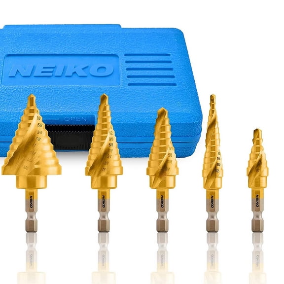 NEIKO 10173A Step Drill Bit Set for Metal and Wood, 5 Piece SAE, Spiral Grooved for Faster Drilling, Step Bits with 50 Total Step Sizes, Titanium Coated Unibits