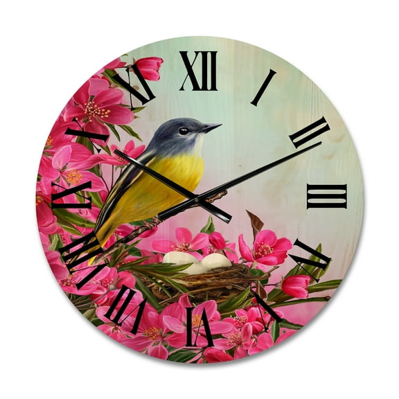Designart 'Little Yellow Bird Near The Nest with Pink Flowers' Traditional Wood Wall Clock