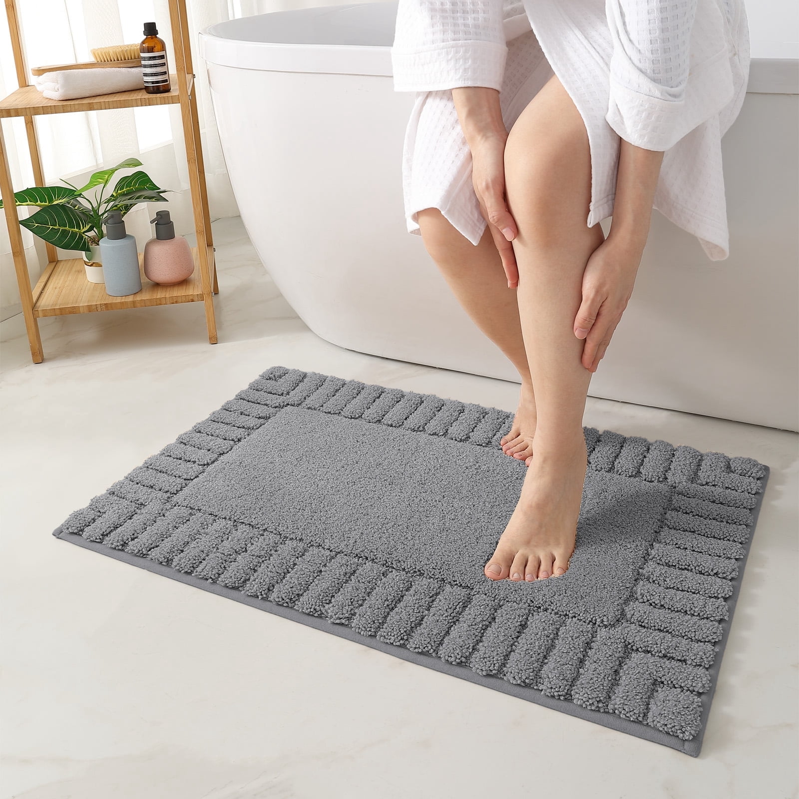 OEAKAY Textured Plush Dark Gray Microfiber Bath Mat, 20"x32", Non-Slip and Absorbent Bathroom Rug, Machine Washable, Quick Drying Shower Floor Carpet