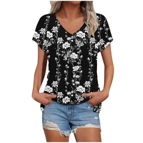 JSheng Women Summer Tops Clearance Fashion Printed V-neck Short-sleeved T-shirt Loose Casual Short Sleeve Top White S
