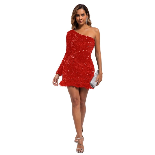 Vestido sexy PORRCEY con lentejuelas en un solo hombro y plumas, color rojo