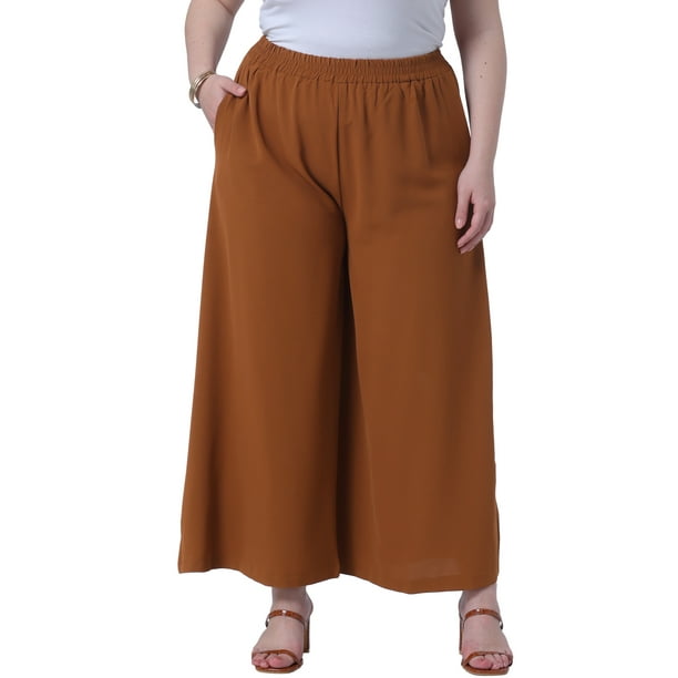 Pantalones de lounge de talla grande para mujer GRACE & GRANDEUR, con cintura elástica, pierna ancha, estilo palazzo, con bolsillos, 3X, marrón