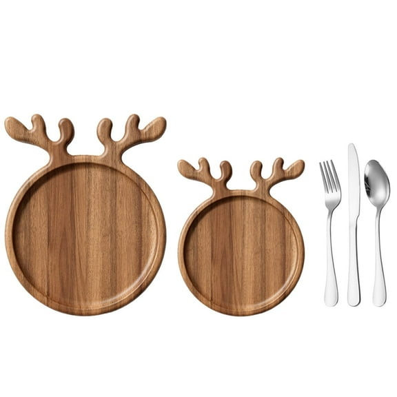 HUISZJ 2pcs Charcuterie Dessert Board Antler-Shaped Appetizer Tray Wood Serving Trays with Tableware Xmas Platter for Restaurant Home