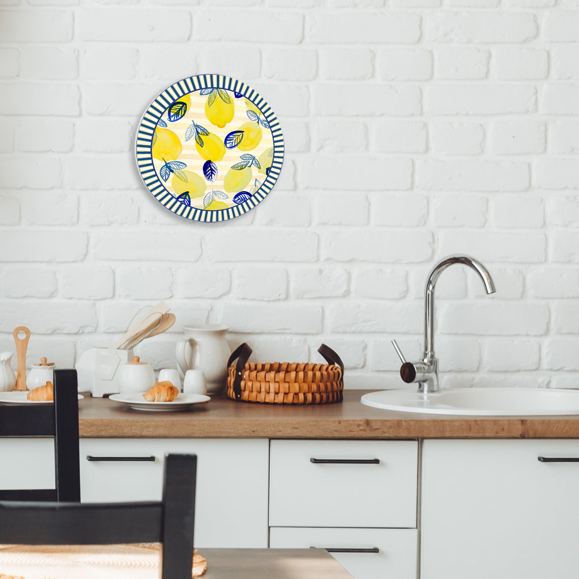 Fun Lemons & Leaves with Stripes Circular Wall Plaque, design by Lanie Loreth