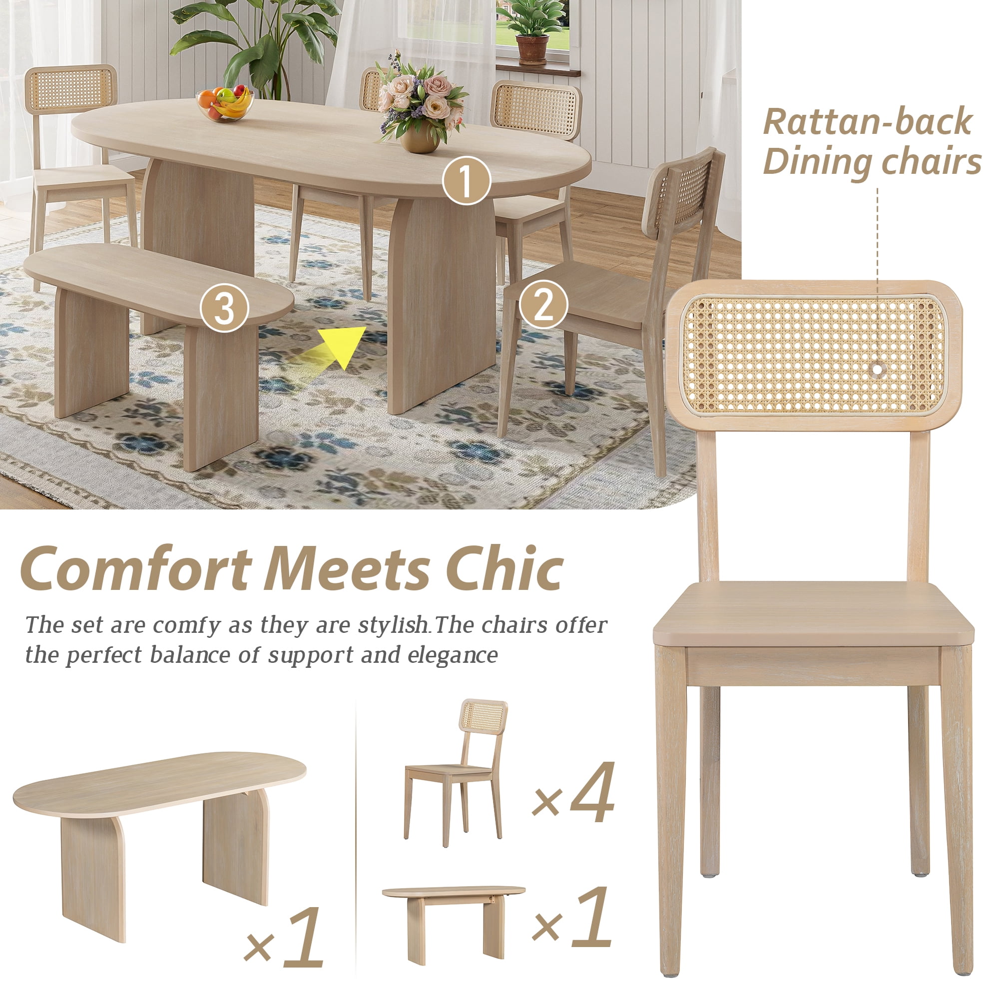6 Piece Dining Table Set for 6, 71" Oval Dining Table with 4 Chairs and Bench