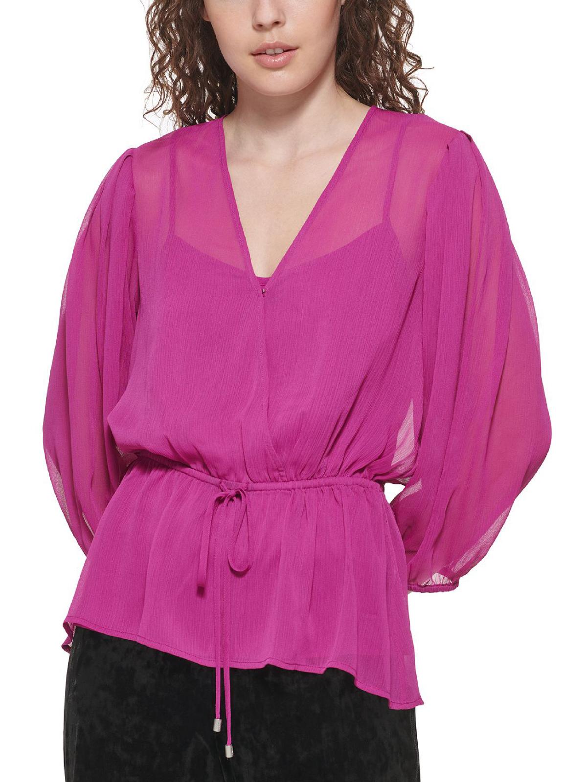 DKNY Womens Tie Waist Surplice Peplum Top