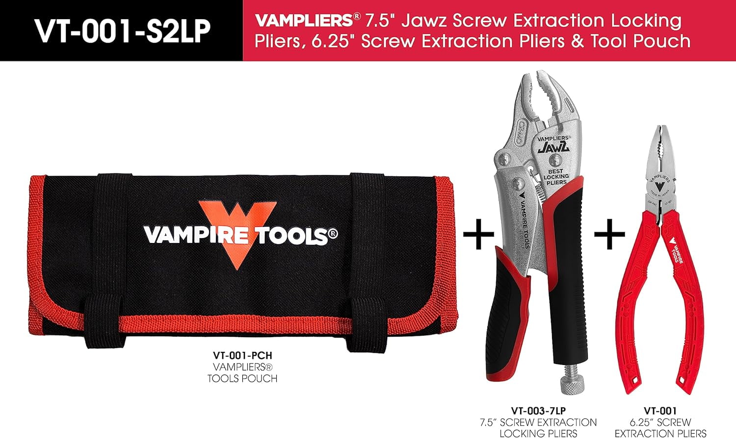 VAMPLIERS 2-PC Specialty Screw Extraction Pliers Set: Includes JAWZ 7.5" Vise-Grip Locking Pliers + 6.25" Multipurpose Pliers with Wire Cutter and Vampliers Tool Pouch: VT-001-S2LP.