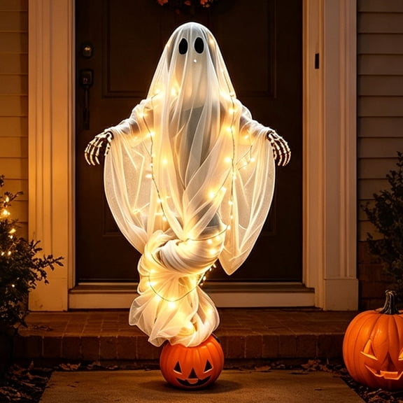 Swirling Ghost Pumpkin Yard Lamp Outdoor Halloween Decoration, Floating Ghost Rising Base with Warm LED Light For Porch Yard Entryway Halloween Decor