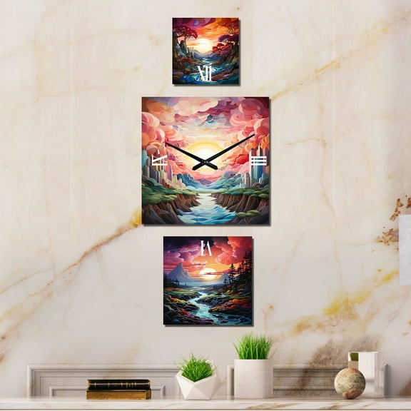 Designart "Dawn's Spectrum on Peaks" Rainbow Oversized Wall Clock - Set Of 3 - Extra large Traditional Clock For Office Décor - Large Vertical Clock