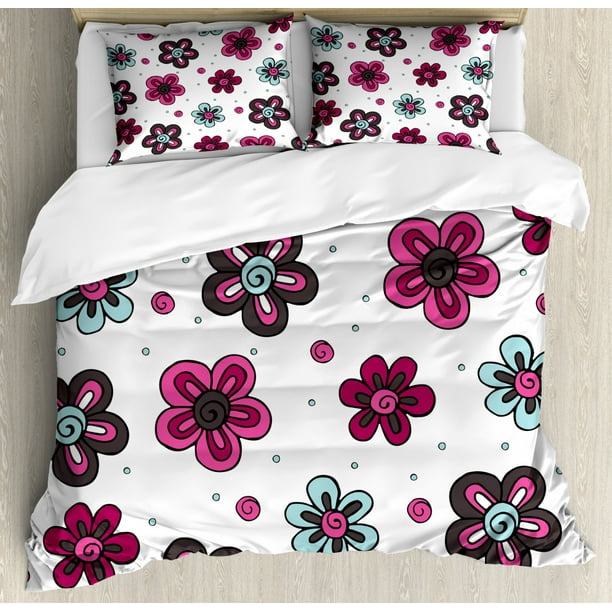 Floral Duvet Cover Set, Cute Florets Buds Kids Girls Stylish Pattern Summer Beauty Art Print