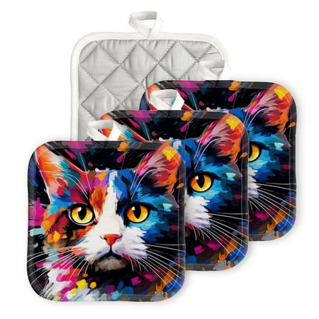 

BaHomeck Pot Holders 4pcs dacron Made Square heat-resisting mat Machine Washable for Kitchen Oven Hot Pads 6.7inch*6.7inch Colorful Cat Portrait In The Style Of Painting