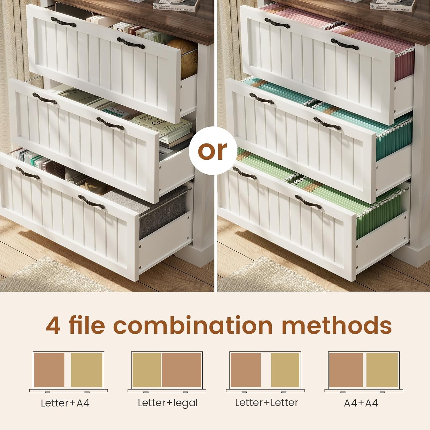 3 Drawer File Cabinet, Farmhouse Filing Cabinet Fits Letter/Legal/A4 Size, Wood File Cabinet with Printer Stand for Home Office, Retro Style for Living Room, White & Brown Top