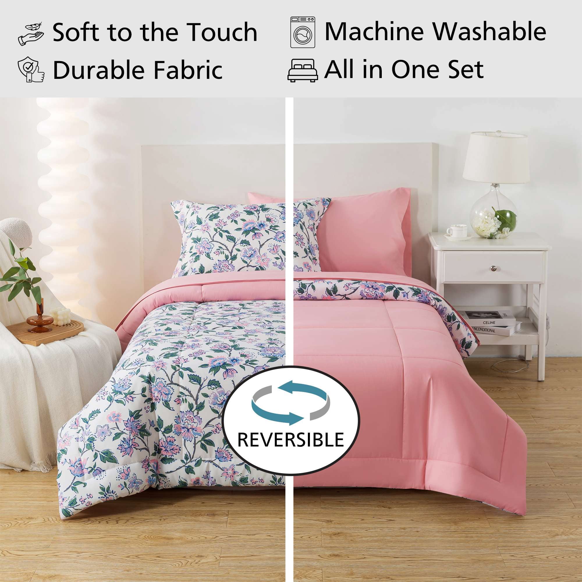 Mainstays 5-Piece Reversible Bed in a Bag with Laundry Tote, Purple Floral, Twin-XL