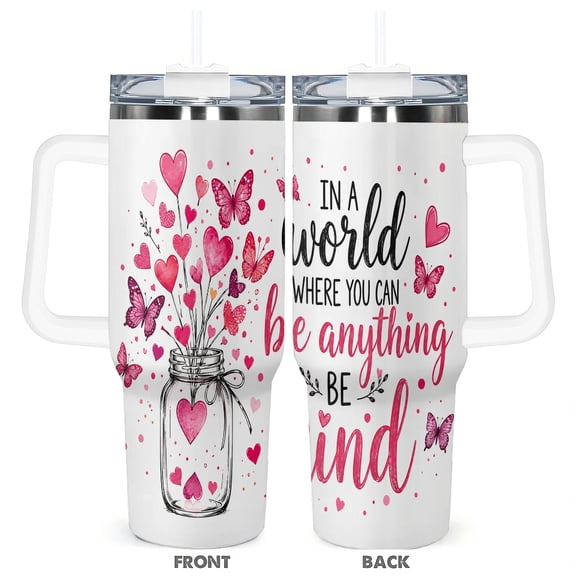 40oz Be Kind Butterfly Heart Insulated Travel Tumbler With Handle and Straw Car Cup Gift for Women
