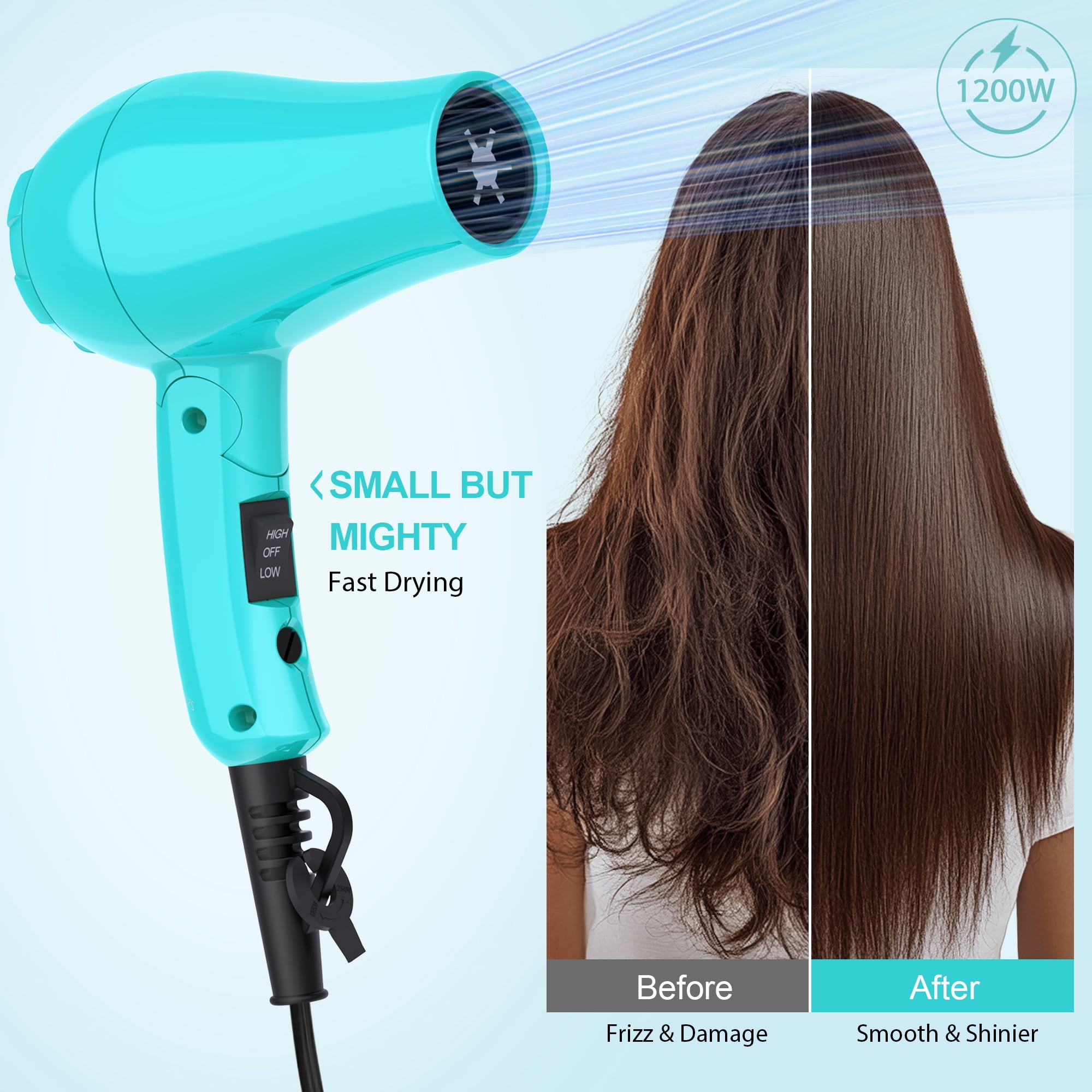 Lura Travel Hair Dryer Dual Voltage Mini Folding Handle Hair Blow Dryer with Concentrator,Blue